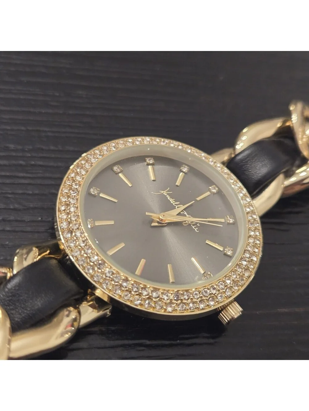 Kendall Kylie Black Gold Tone Rhinestone Watch Womens Chain Band New In Box